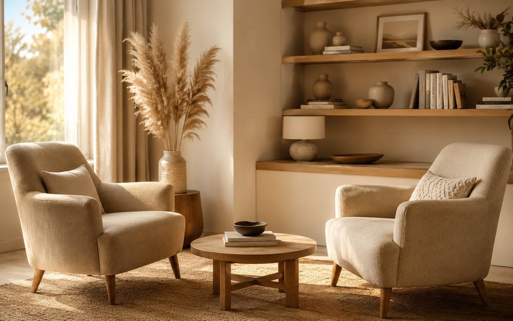 Espace de thérapie de couple avec deux fauteuils face à face, lumière douce